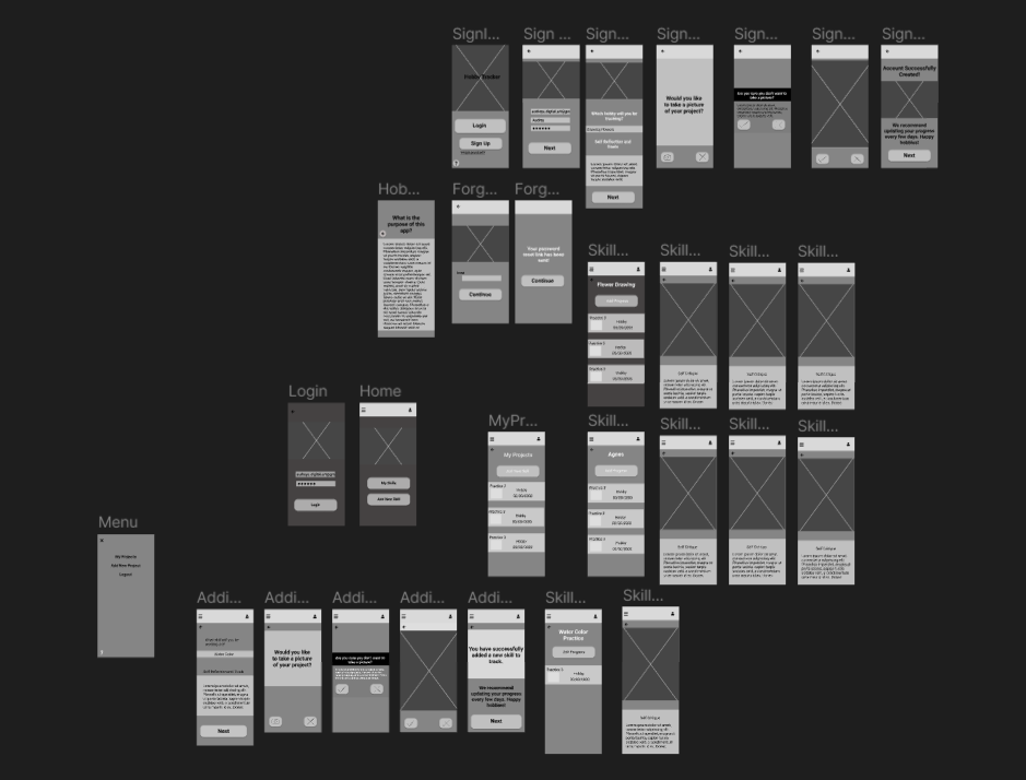 hobby tracker wireframes